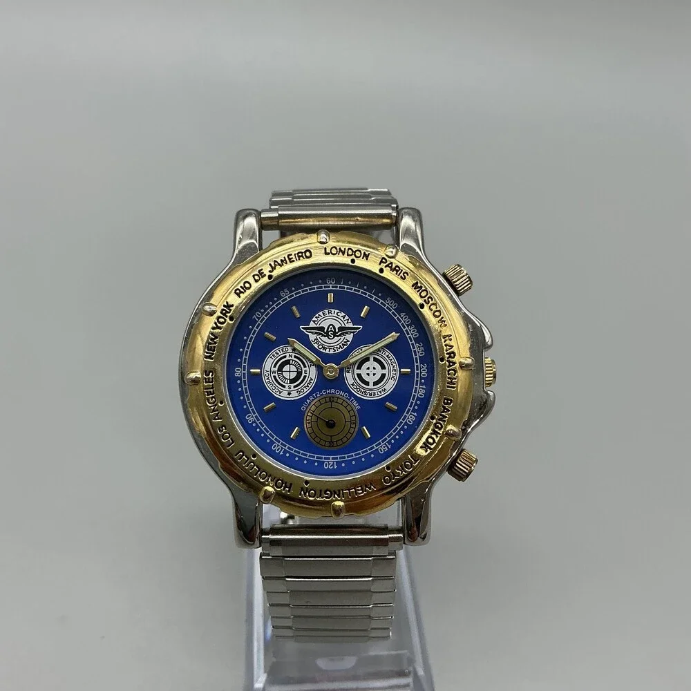 Vintage American Sportsman Mens Watch 39mm Blue Dial Two Tone Chronograph